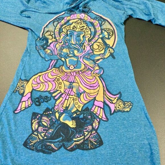 Vintage Gypsy Rose Womens Teal Blue Ganesh Print Long‎ Sleeve Hoodie Dress Small - Picture 4 of 12